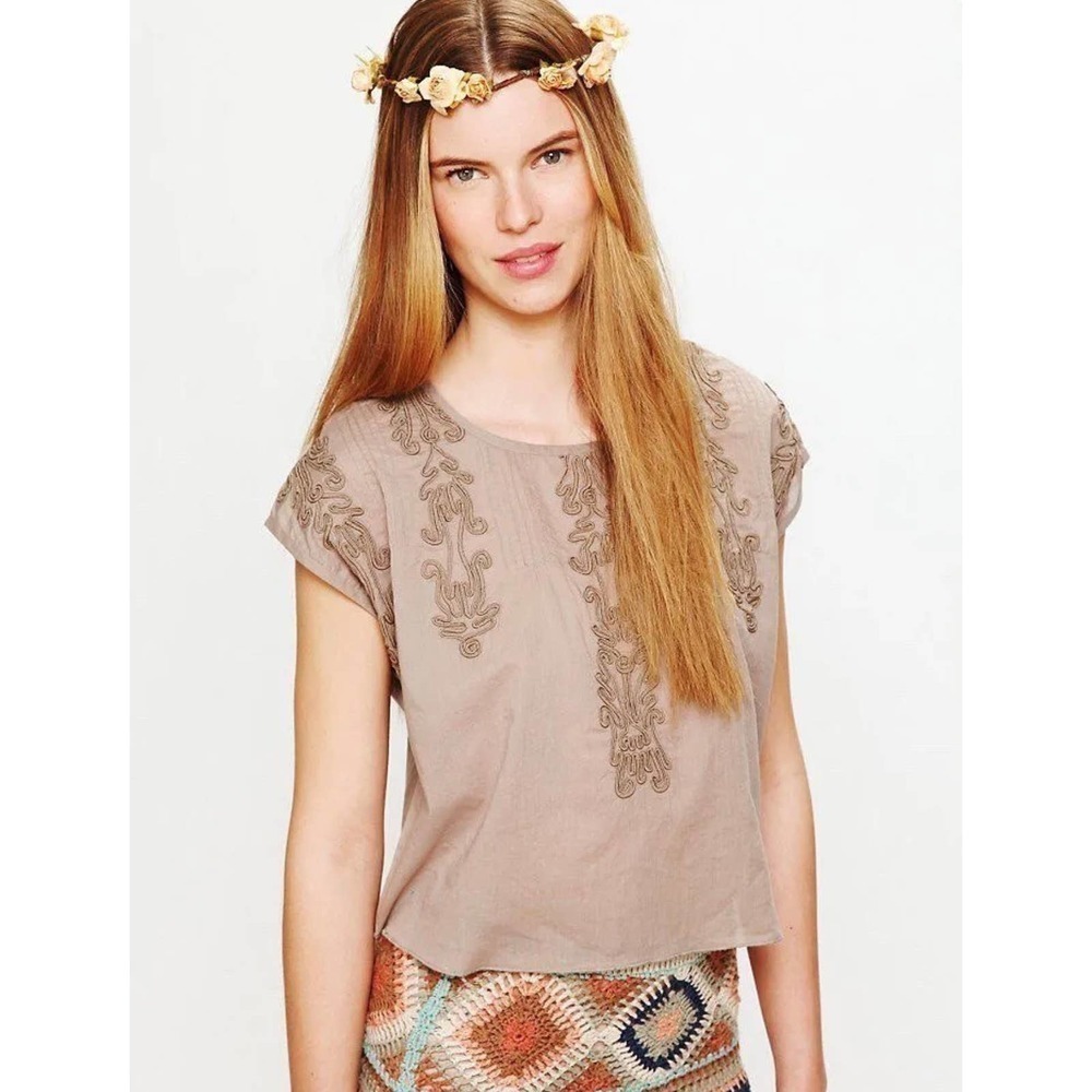 Free People Tan Embroidered Cropped Top Small